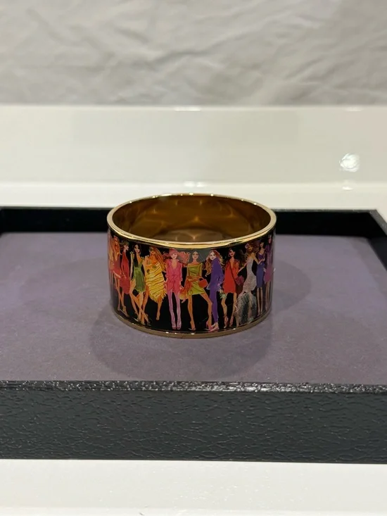 Henri Bendel New York Wide Enamel Fashion Illustration Gold Tone Bracelet