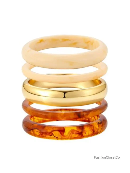 5 Chunky Acrylic Resin Bangle Bracelets Set Stackable Boho Jewelry