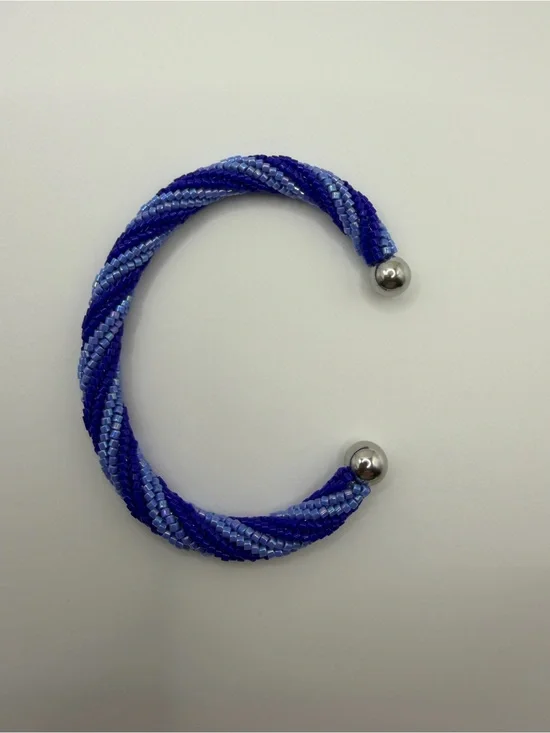 Handwoven Blue Spiral Beaded Open Cuff Bracelet