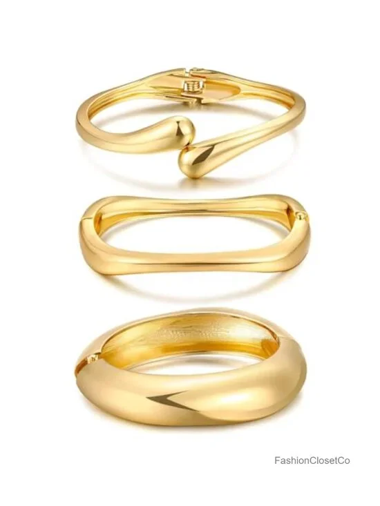 14K Gold Plated Stackable Open Cuff Bangle Bracelet Set, Adjustable Link