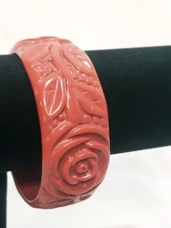 Rose Flower Wide Thick Carved Look Red Bangle Bracelet 2.5