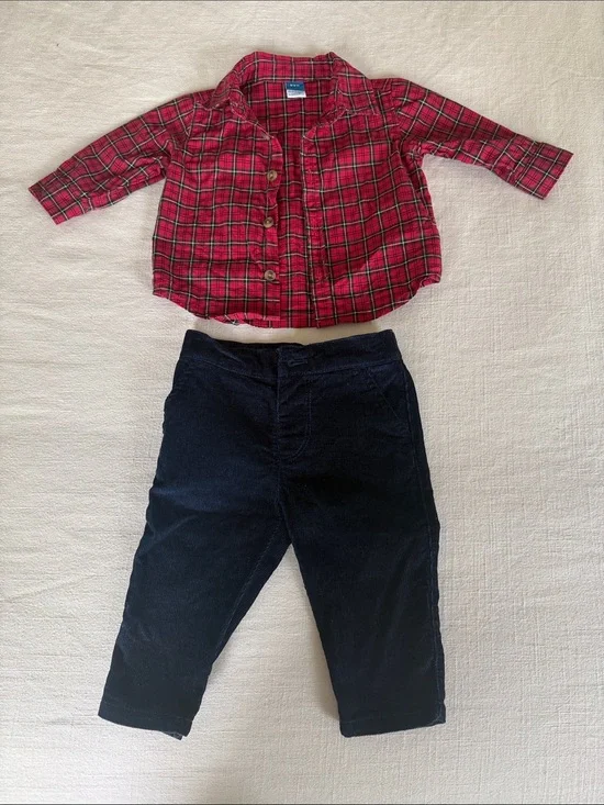 Old Navy Red Plaid Button-Front Shirt with Navy Corduroy Pants