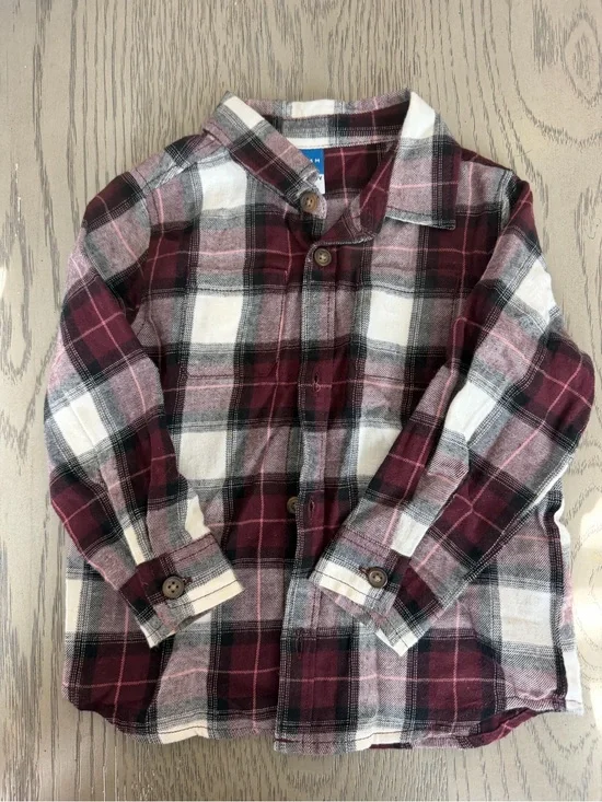 Old Navy Boys Burgundy White Black Plaid Button-Down Shirt