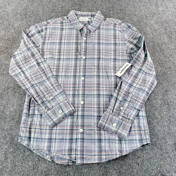 Old Navy Boys Plaid Button Down Shirt Blue Grey Orange L 10-12 The Classic Shirt