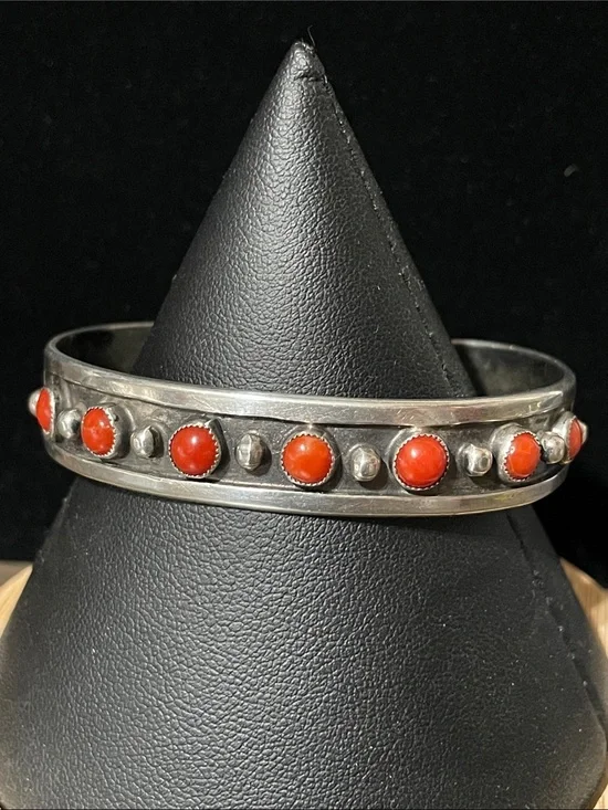 Rare Thomas (Tommy)Singer Sterling Silver Red Coral Cuff Bracelet. Old Hallmark.