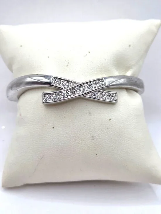 Crystal-Accented Silver-Tone Hinged Bangle Bracelet With X Design