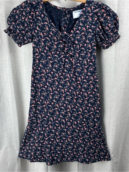 Old Navy Dress Girls Ditsy Floral Dark Blue Aline Cottagecore Prarie L 10-12