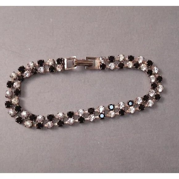 Vintage Tennis Bracelet Black & White Rhinestones