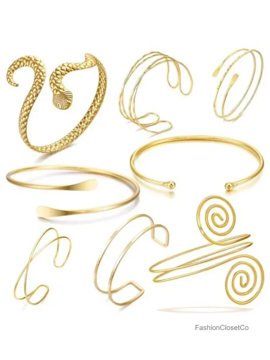 8pcs Gold Silver Arm Cuff Bracelet Set Adjustable Coil Swirl Armlet Stackable