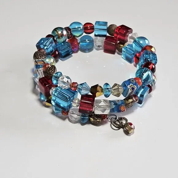 Blue Red Gold Tone Glass Beaded Wrap Bracelet