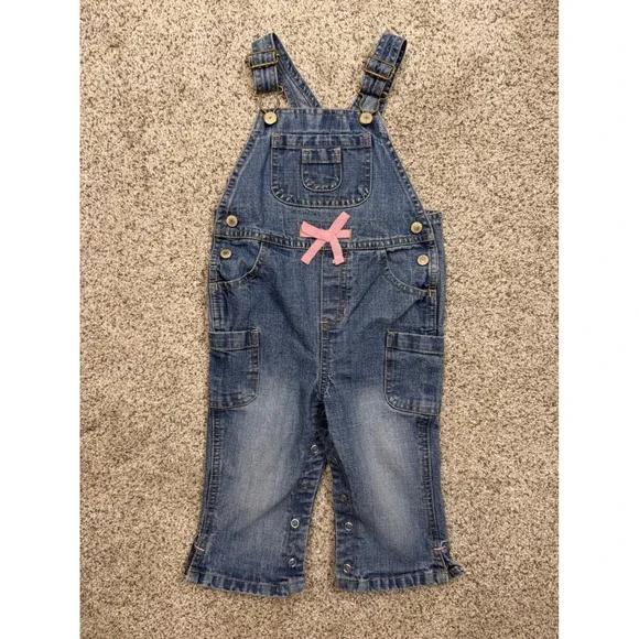 Old Navy Denim Overalls 18-24 Months Blue Classic Pink Ribbon Bow Baby Girls