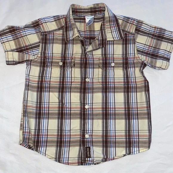 Old Navy Plaid Short Sleeve Pearl Snap Button Up Collared Shirt Size 18-24m