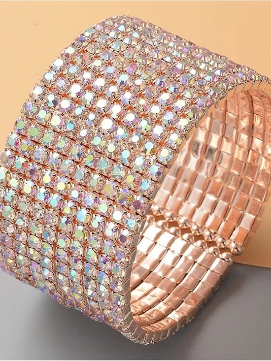 Simulated Mystic White Crystal Multi Row Bangle Bracelet in Rose Tone 7”