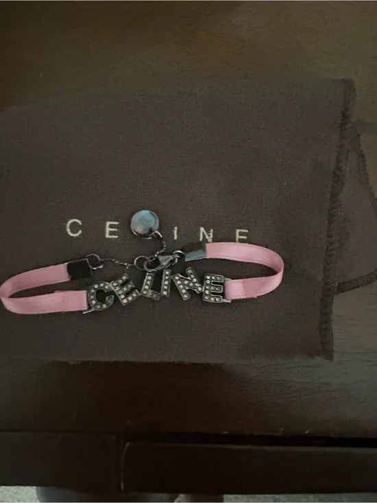 Celine Pink Satin Ribbon Bracelet with Crystal Logo