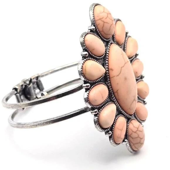 Pink‎ Stone Silver Tone Hinged Statement Bracelet Southwestern Marquis