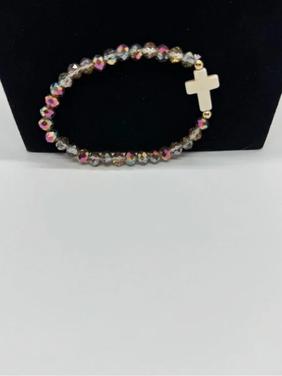 Iridescent Beaded Cross Stretch Bracelet - White Cross