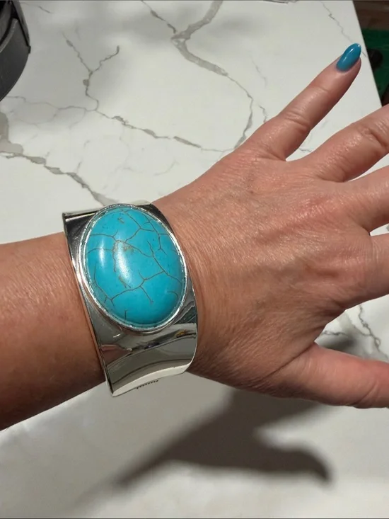 Silver Cuff Bracelet with Large Turquoise Stone