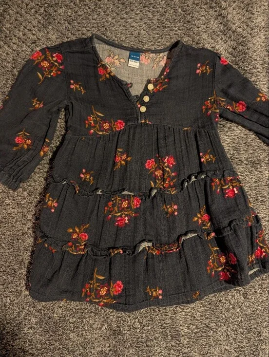 Old Navy Navy Blue Floral Tiered Dress with Pink Blooms, 18-24 Months