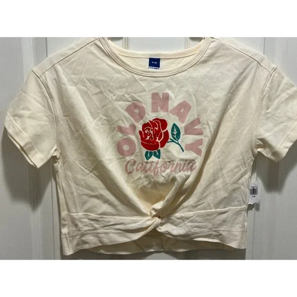 Old Navy Girls California Rose Graphic Twist Front T-Shirt Cream Size M 8 NWT