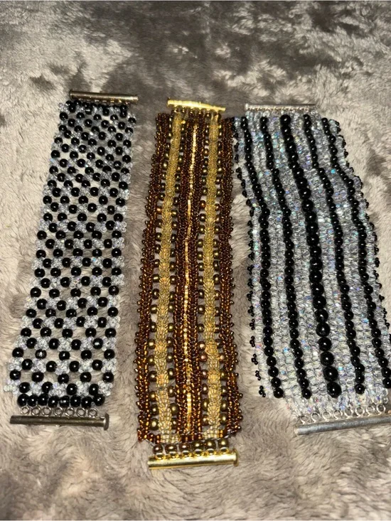 3 HANDMADE BEADED CUFF BRACELETS.  EACH ONE OF A KIND