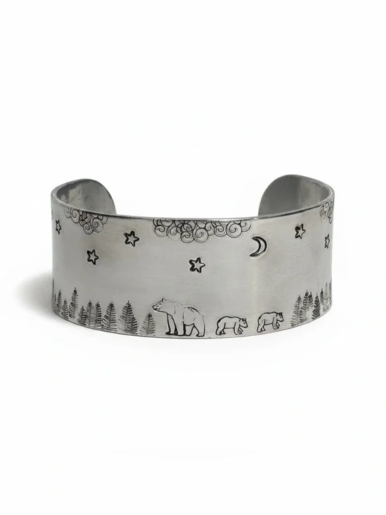 Handmade Alaskan Bear Family Adjustable Wide Cuff Bracelet