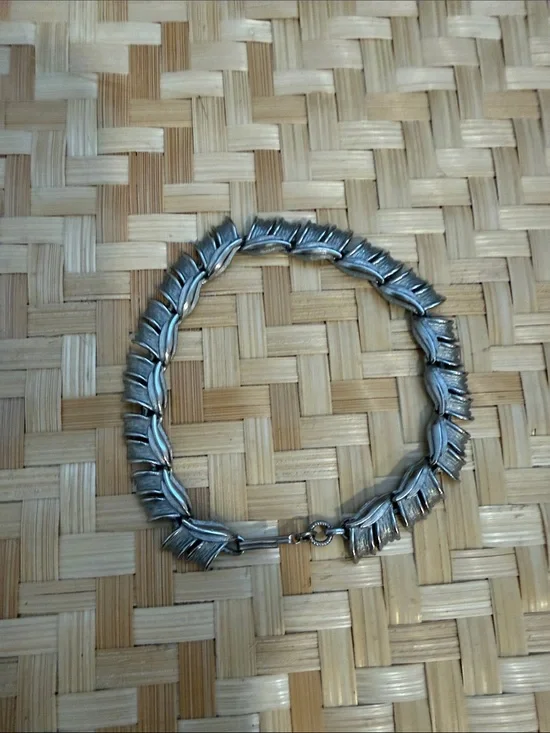 Vintage Silver Tone Leaf Link Bracelet Brushed Mid Century Modern