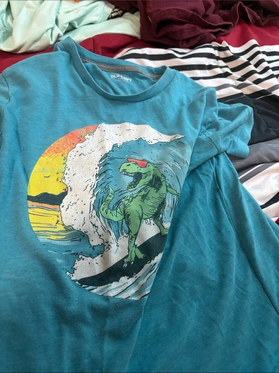 Old Navy Teal Graphic Tee with Green Dino Surfing