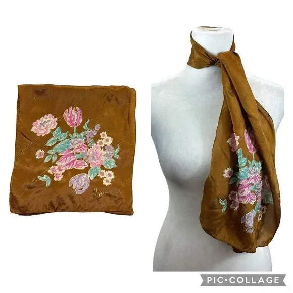Vintage 1960’s Vera Neumann Silk Tout Soie‎ Ling Bronze Floral Scarf
