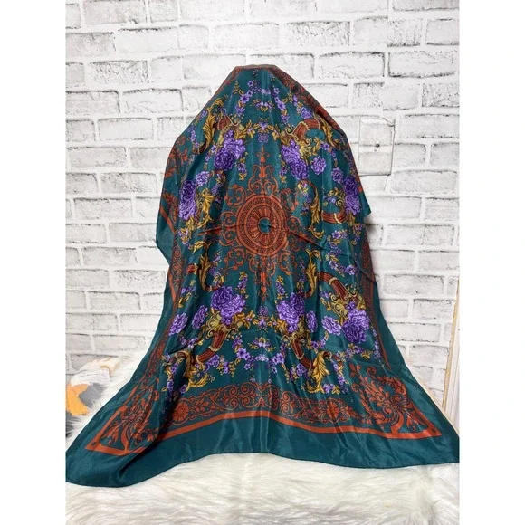 Specialty House Inc Vintage 100% Silk Scarf Teal Purple Floral Baroque Square