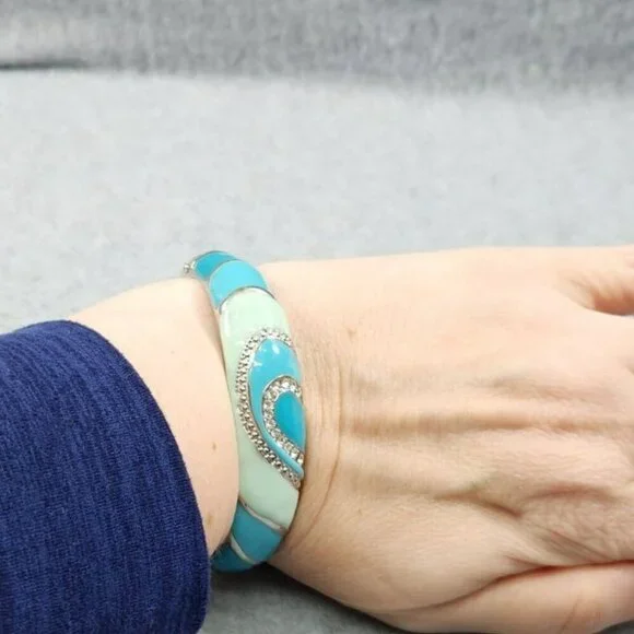 Vintage costume Silver plate & Turquoise Hinged Bangle‎ Bracelet