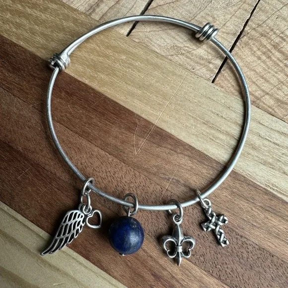 VTG Bangle Bracelet 7 Inch Adjust Cross Wing‎ FDL Lapis Bead 925 Sterling 10.7g