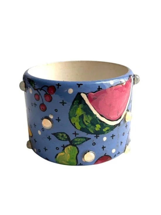 Vintage  Hand Painted & Signed Wood Bangle Bracelet Watermelons Bananas