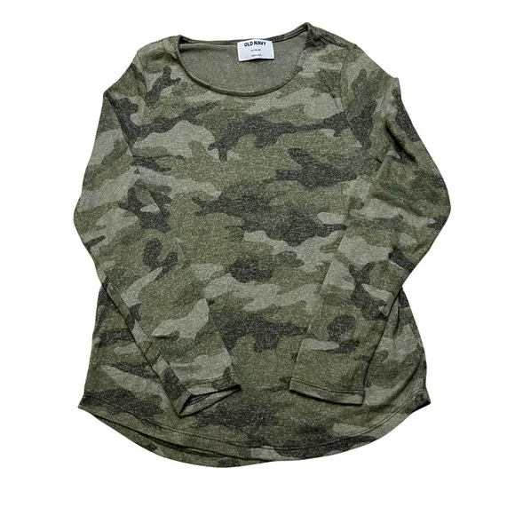 Old Navy Top Girls XL 14-16 Green Camo SLS Plush Long Sleeve Crew Neck