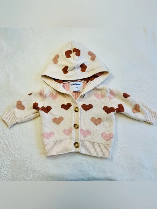 Cream Hooded Knit Cardigan with Pink & Neutral Brown tone Hearts