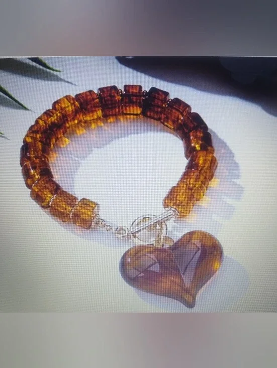 Amber Glass Bead Heart Charm Bracelet - Women Jewelry