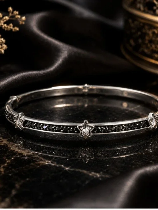 Brighton Silver Tone Dark Crystal Star Celestial Slip-On Bangle Bracelet