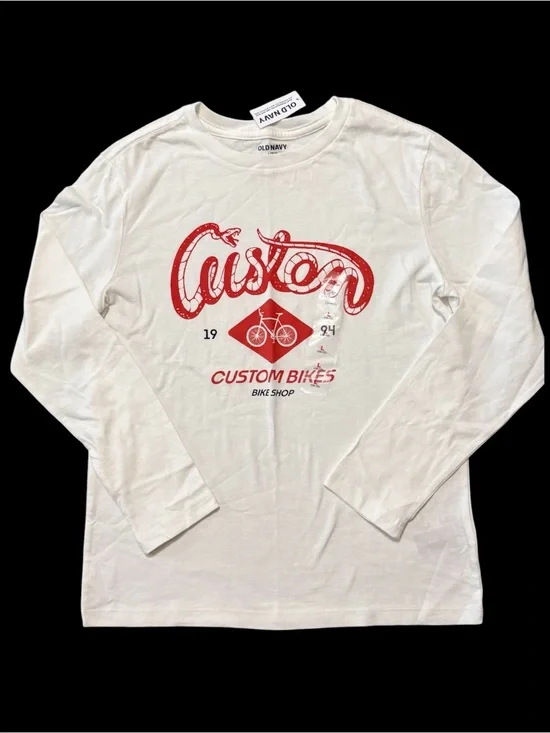 Old Navy Kids White Long-Sleeve Tee with Red Custom Bikes Graphic