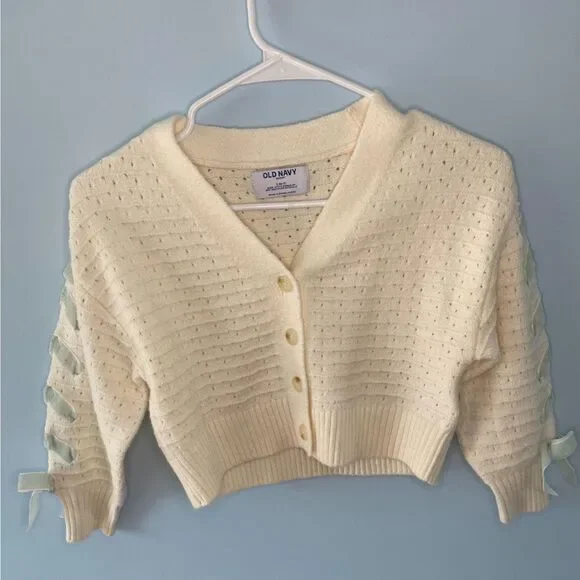 Old Navy Girls Cardigan NWT S 6-7 Cream Pointelle Knit Ribbon Bow Sleeves