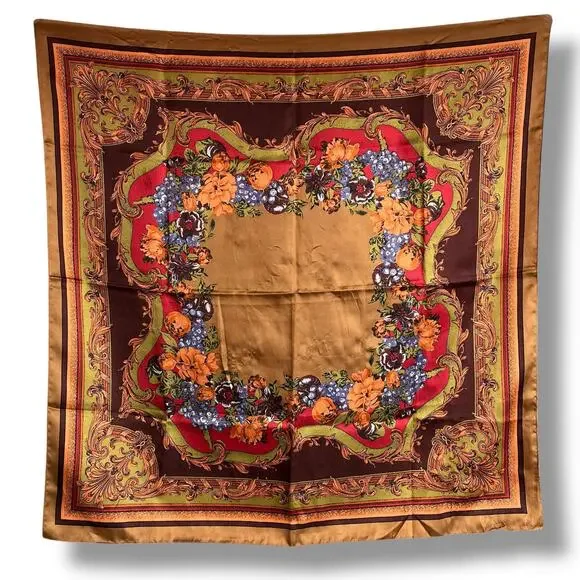 Vintage Womens Scarf Brown Blue Red Orange Floral Print Made in Italy 13962