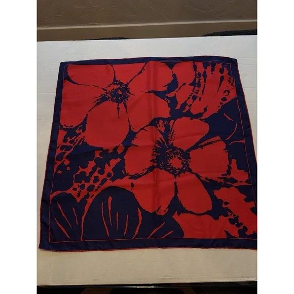 Vintage Silk Rayon Scarf Red Navy Blue Mod Floral Hand Rolled Japan 29