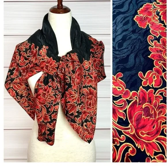 Jeannene Booher Silk Jacquard Scarf Black Red Gold Paisley Floral Hand Rolled
