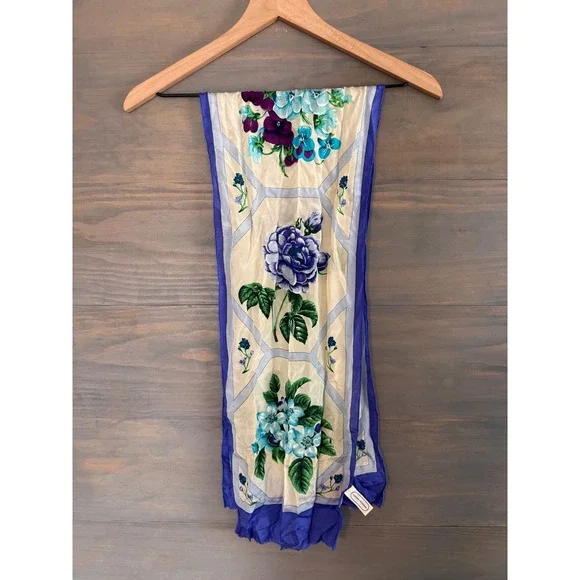 Adrienne Vittadini Vintage 100% Silk Floral Trellis Scarf Blue Purple Made Japan