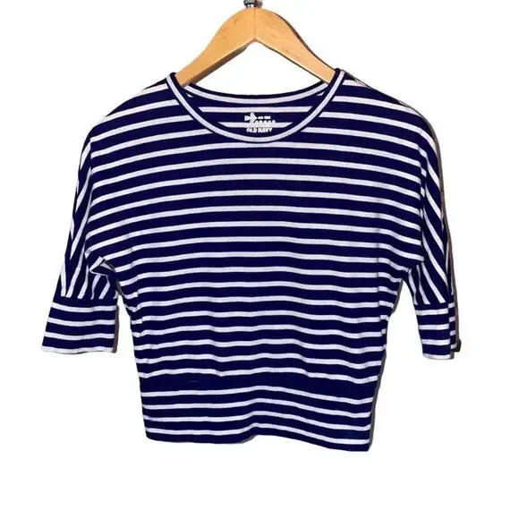 Girls M Old Navy 3/4 Sleeve Blue White Stripe Dolman Banded Waistband Top Blouse