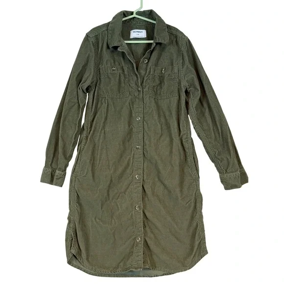 Old Navy Girls Olive Green Corduroy Long Sleeve Button Front Shirt Dress L 10