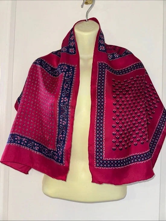 Vintage 60s Fuchsia, Navy Blue & Pink‎ Bandanna -Print Rayon/Silk Scarf