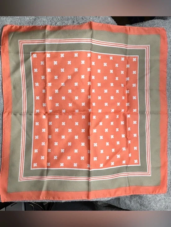 VINTAGE Orange & Tan Square Scarf, Italy, clover motif, est 70s, 80s, 90s