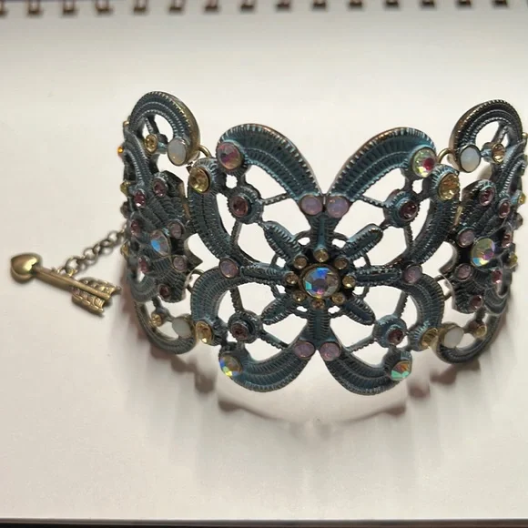 Girlie Grunge Teal Filigree Crystal Cuff Bracelet