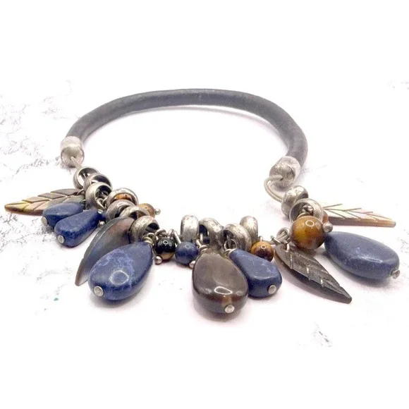 Blue Stone Charm‎ Bracelet Abalone Leaf Boho Quartz Iolite