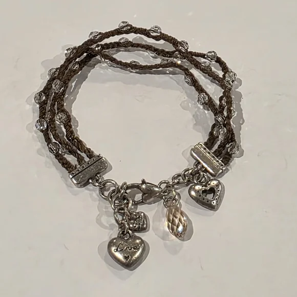 Brighton Brown Braided Beaded Silver Heart Charm Bracelet‎