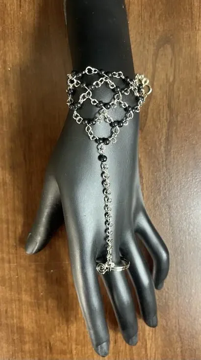 Black Beads and Alpaca Silver Slave Bracelet From Perú